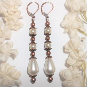 Long White Faux Pearl Earrings Rustic Copper Boho Bohemian Victorian Style 6928